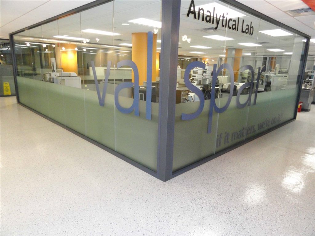 epoxy floor coating installed at Valspar lab provides a durable finish to the concrete floor