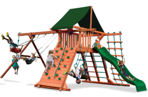 Original Playcenter swing set with play deck, climbing wall, belt swings and trapeze bar