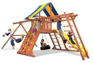 Original Playcenter Combo 3 swing set with monkey bars, climbing wall, belt swings and rope and disk swing