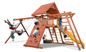 Original Playcenter swing set has a wood roof, 2 belt swings and a rope and disk swing and monkey bars