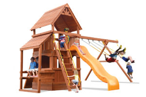 Deluxe Fort Hangout swing set with lower level play house and cafe table