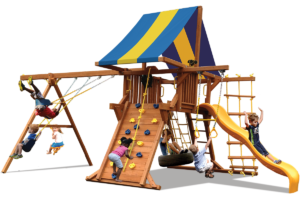 Deluxe Playcenter swing sets have play deck, climbing wall, belt swings and trapeze bar