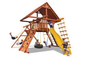 Deluxe Playcenter swing set has a wood roof, play deck, climbing wall, 2 belt swings and a rope and disk swing