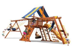 Deluxe Playcenter Combo 3 swing set has a play deck, climbing wall, monkey bars, 2 belt swings and a rope and disk swing