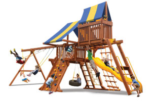 Deluxe Playcenter Combo 4 play set with play deck, climbing wall, monkey bars and sky loft