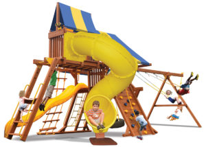 Deluxe Playcenter Combo 5 play set includes play deck, climbing wall, monkey bars, sky loft, corkscrew slide, 2 belt swings and a rope and disk swing