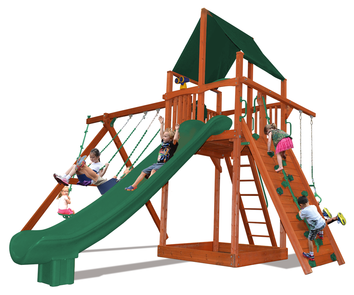 Supreme Fort swing set with play deck, climbing wall, belt swings, and rope and disk swing
