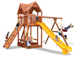 Supreme Fort XL play set features larger play deck and 2 belt swings and a rope and disk swing