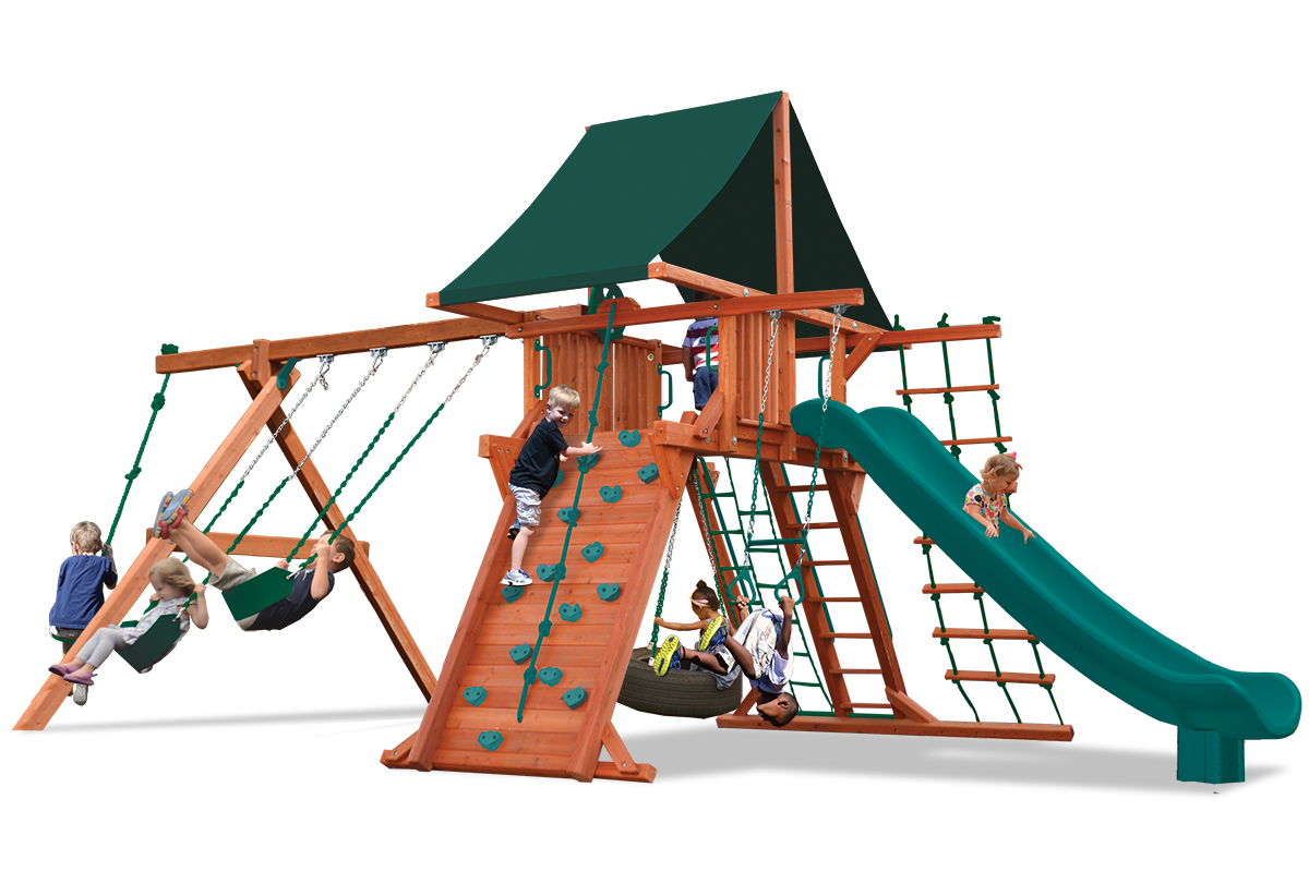 Supreme Playcenter swing sets feature play deck, climbing wall, ladders, belt swings and trapeze bar