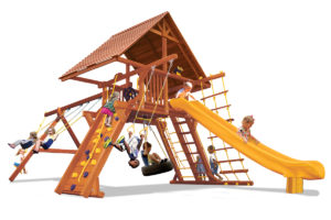 Supreme Playcenter swing set has a wood roof, play deck, climbing wall, belt swings, trapeze bar, and a rope and disk swing