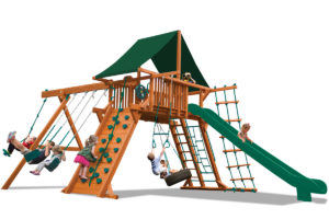 Supreme Playcenter swing set with larger play deck, climbing wall,, belt swings, trapeze bar, and a rope and disk swing