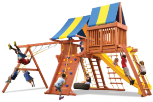 Supreme Playcenter Combo 4 play set with play deck, climbing wall, monkey bars, sky loft, belt swings, and rope and disk swing