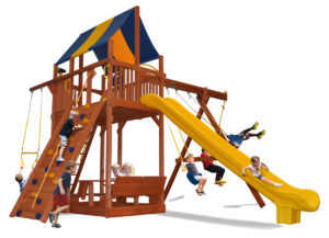 Extreme Fort swing set with premier picnic table and 2 belt swings and a rope and disk swing