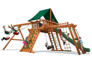 Extreme Playcenter Combo 3 features large play deck, climbing wall, ladders, tire swing, belt swings, trapeze bar and monkey bars