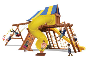 Extreme Playcenter Combo 5 swing set features large play deck, climbing wall, ladders, tire swing, belt swings, trapeze bar, monkey bars, sky loft, straight slide and corkscrew slide