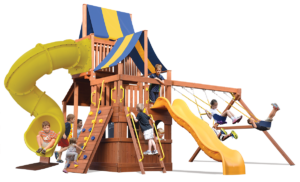Original Fort High Roller play set has play deck, climbing wall, sky loft, cafe table, wave slide, corkscrew slide, belt swings, trapeze bar