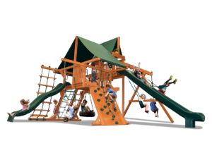 Deluxe Playcenter Amped Up includes play deck, climbing wall, ladders, two slides, sky loft, belt swings