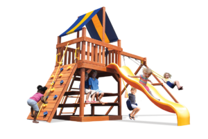 Original Fort with 2-position swing beam swing set includes play deck, climbing wall, slide and belt swings