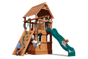 Deluxe Fort Jr features playhouse, play deck, climbing wall, slide and trapeze bar
