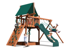 Deluxe Fort with 2 position swing beam play set features play deck, climbing wall, ladder, slide, belt swings and trapeze bar