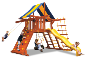 Original Playcenter with double swing arm swing set features play deck, climbing wall, ladders, slide, belt swing, trapeze bar