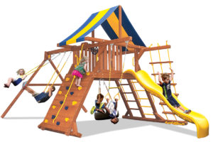 Original Playcenter swing set has 2 belt swings, a play deck, and a climbing wall