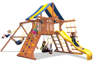 Original Playcenter 2 position swing beam swing set includes play deck, climbing wall, ladders, slide, 2 belts swings and a trapeze bar