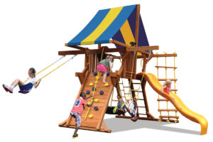 Deluxe Playcenter swing set has play deck, climbing wall, belt swing and trapeze bar