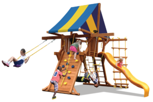 Deluxe Playcenter with double swing arm is perfect for a smaller yard and features play deck, climbing wall, ladders, slide, tire swing, belt swing and trapeze bar
