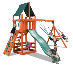 Classic Fort swing set with belt swings and a trapeze bar