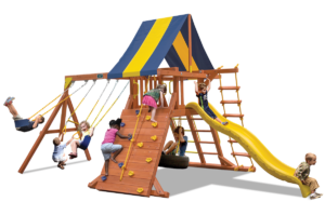 Classic Playcenter swing set with play deck, climbing wall, belt swings and trapeze bar