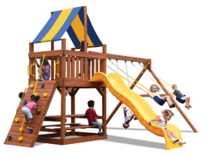 Original Fort play set with play deck, climbing wall, belt swings and a trapeze bar