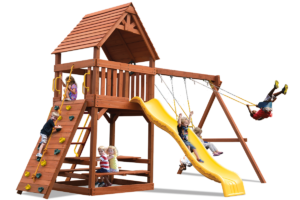Original Fort swing set with a wood roof instead of a canvas roof