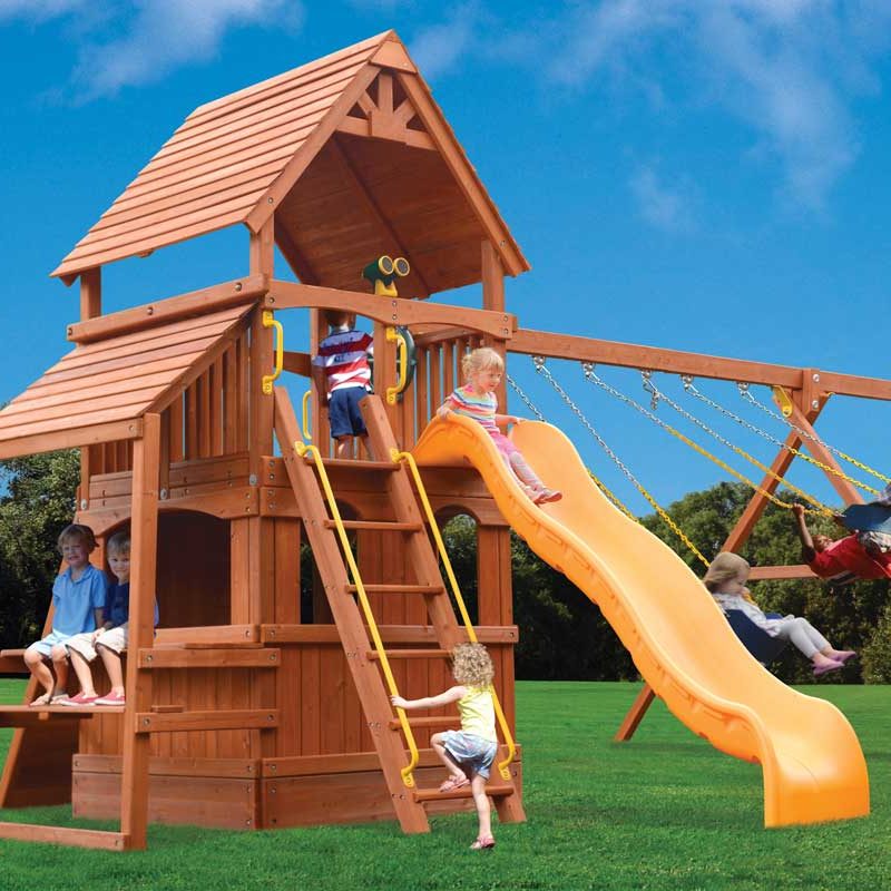Playground One Deluxe Fort Hangout Swing Set with Cafe Table and Lower Level Playhouse